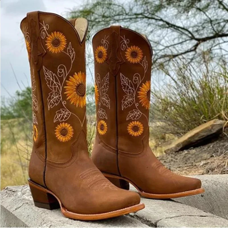 Women Coffee Brown Embroidery Boots PU Leather Printed Western Cowboy Boots Deep V-mouth High Tube Casual Boots Classic 240724
