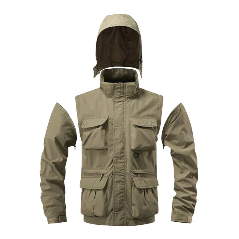 Detachable windproof hooded jacket mens casual waterproof multi bag cargo vest suitable for outdoor activities 240807