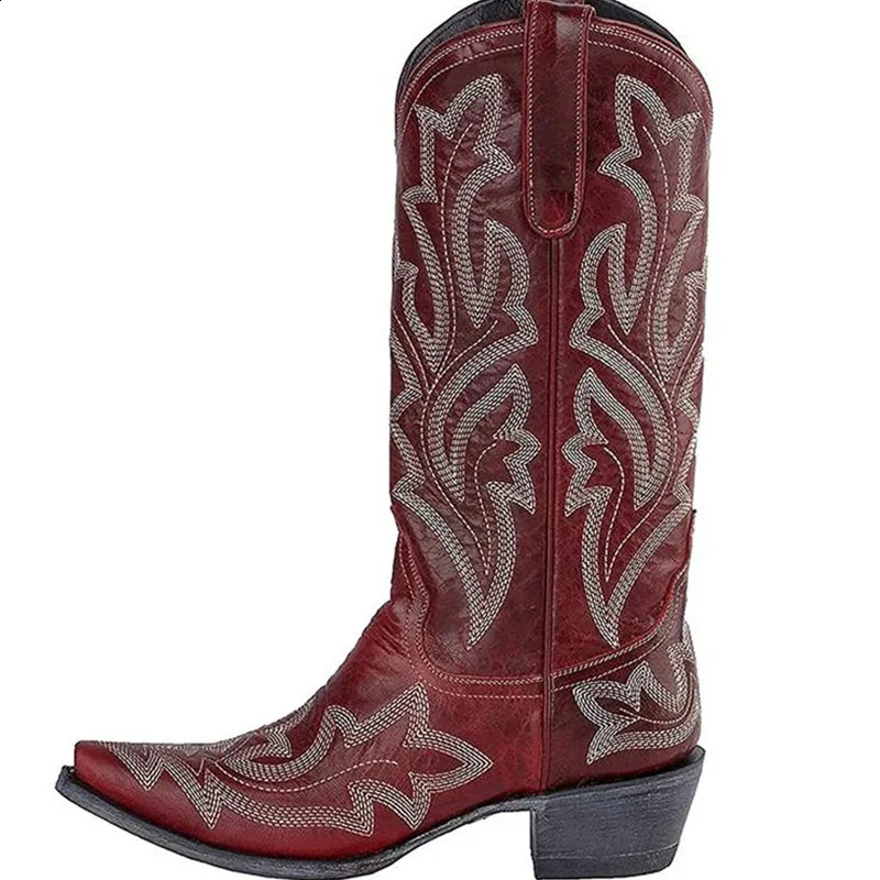 Vintage Boots Womens Embroidered Heeled Red Knee hot High Cowboy Boots, Western Style Mid-Calf Autumn Casual Shoes