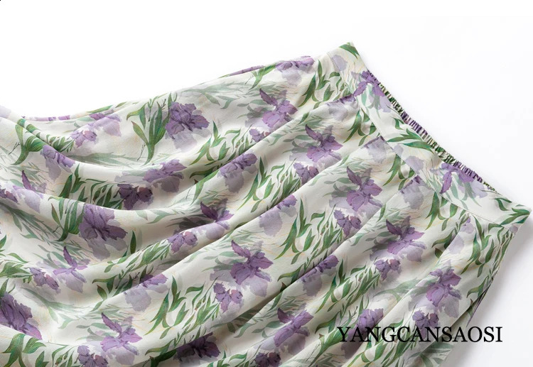 Beautiful Purple Elegant Romantic French Iris Silk VNeck Lantern Sleeve Tshirt Same Print Fashion Halfskirt Womens Set 240727