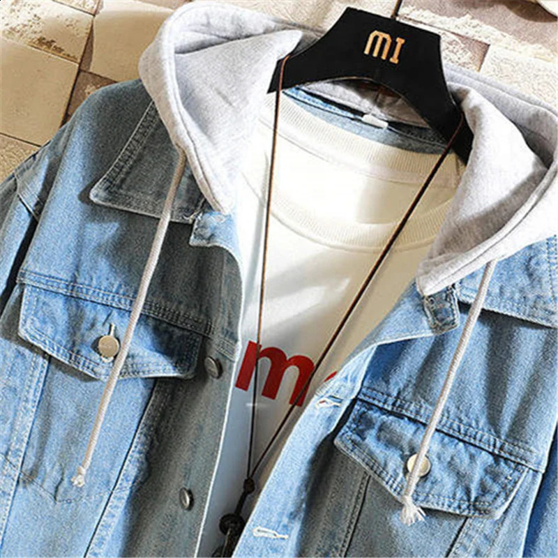 Denim Jacket Men Hooded Casual Jean Jackets Streetwear Solid Color Turn Down Collar Coats Jacktes Hat Detachable 240802