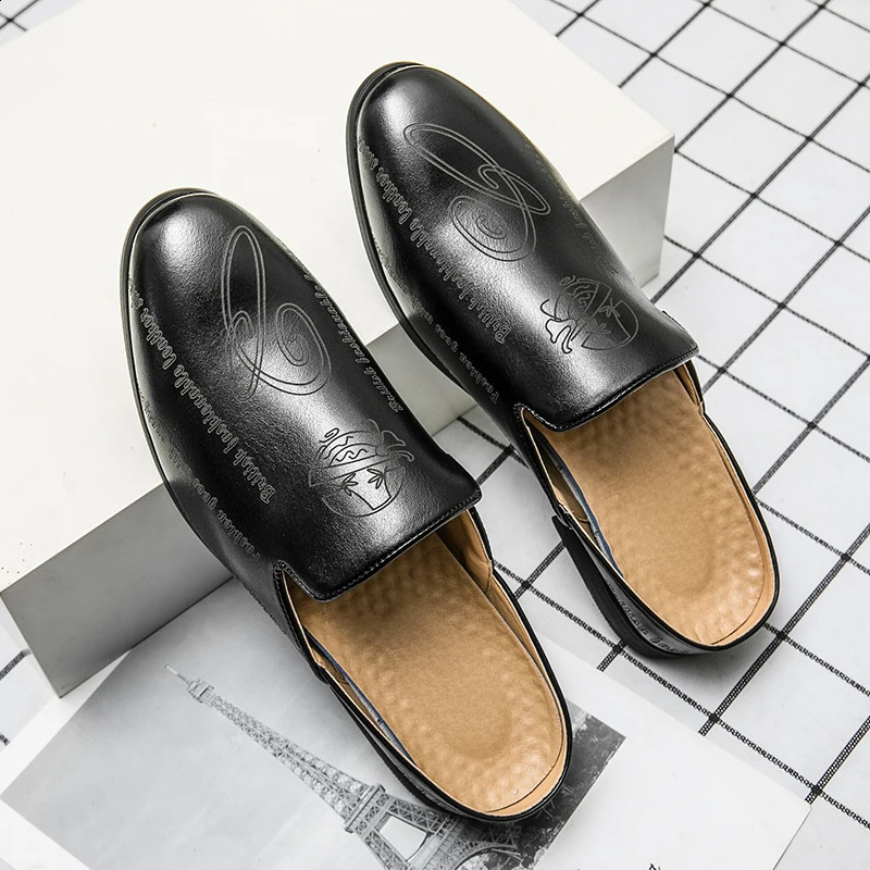Business Half Slippers Mens Office Summer Trend Personalized Carved Dress Genuine Leather Breathable Toe Cap Shoes Zapatos 240718