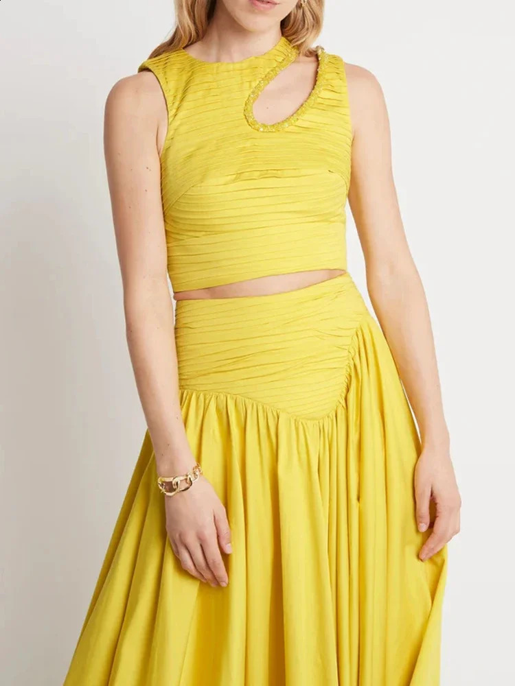 Sleeveless Pleated Crop Top and Irregular Hem Pleated Skirt Two-Piece Set for Women