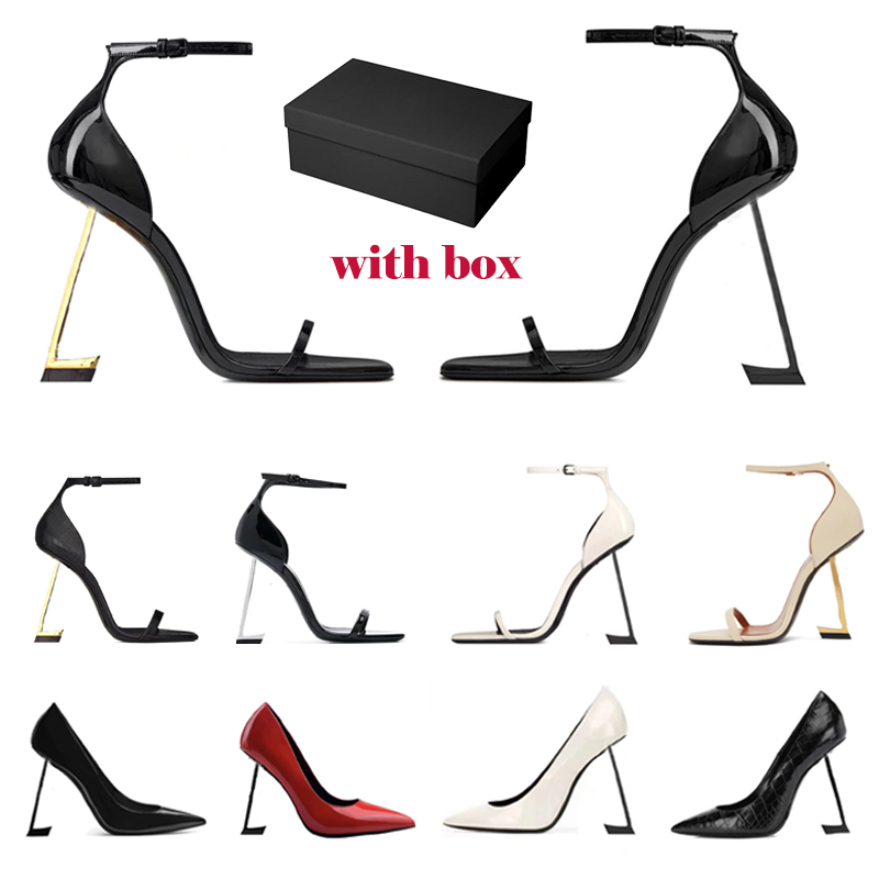 women Dress Shoes high heels leather patent Gold Tone triple black luxury womens lady designer sandals Party Wedding Office pumps