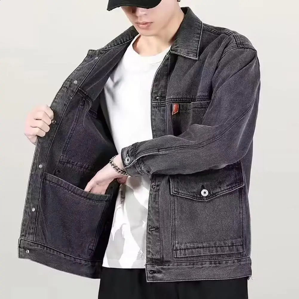SpringAutumn Mens Denim Jacket Casual Solid Color Fashion Motorcycle Medium Length for Dating 240921
