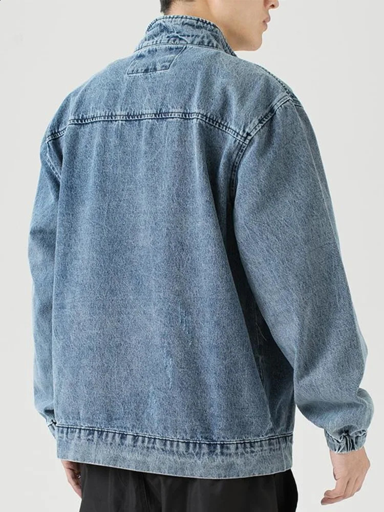 Stand up collar denim jacket mens casual autumn zipper closed loose pocket blue retro fashion clothing 240824