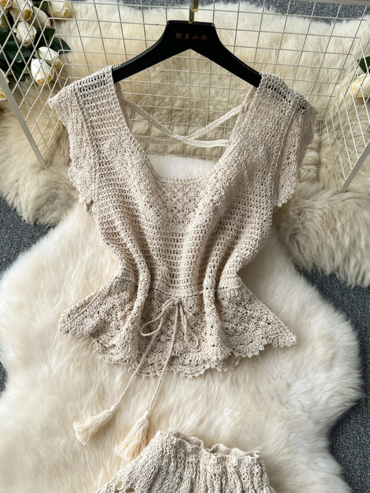 Boho Holiday Women Skirts Set Crochet Hollow Out Uneck Backless Tops Aline Long Skirt Two Piece Sets Womens Outifits Dropship 240727