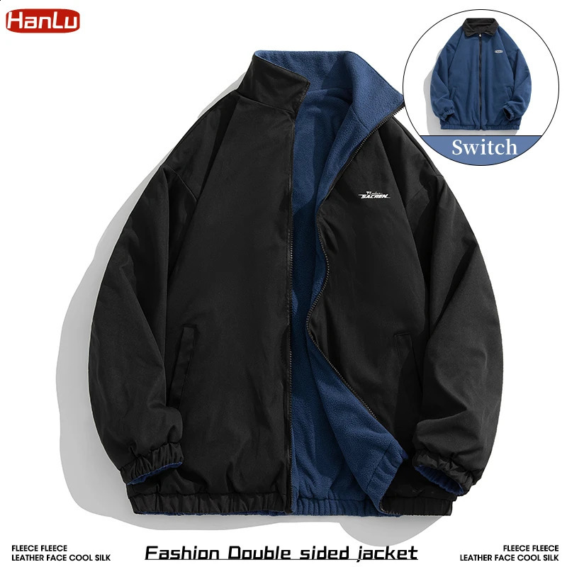 HANLU mens doublesided jacket casual fashion stand collar autumn and winter warm clothes zipper wool 240824