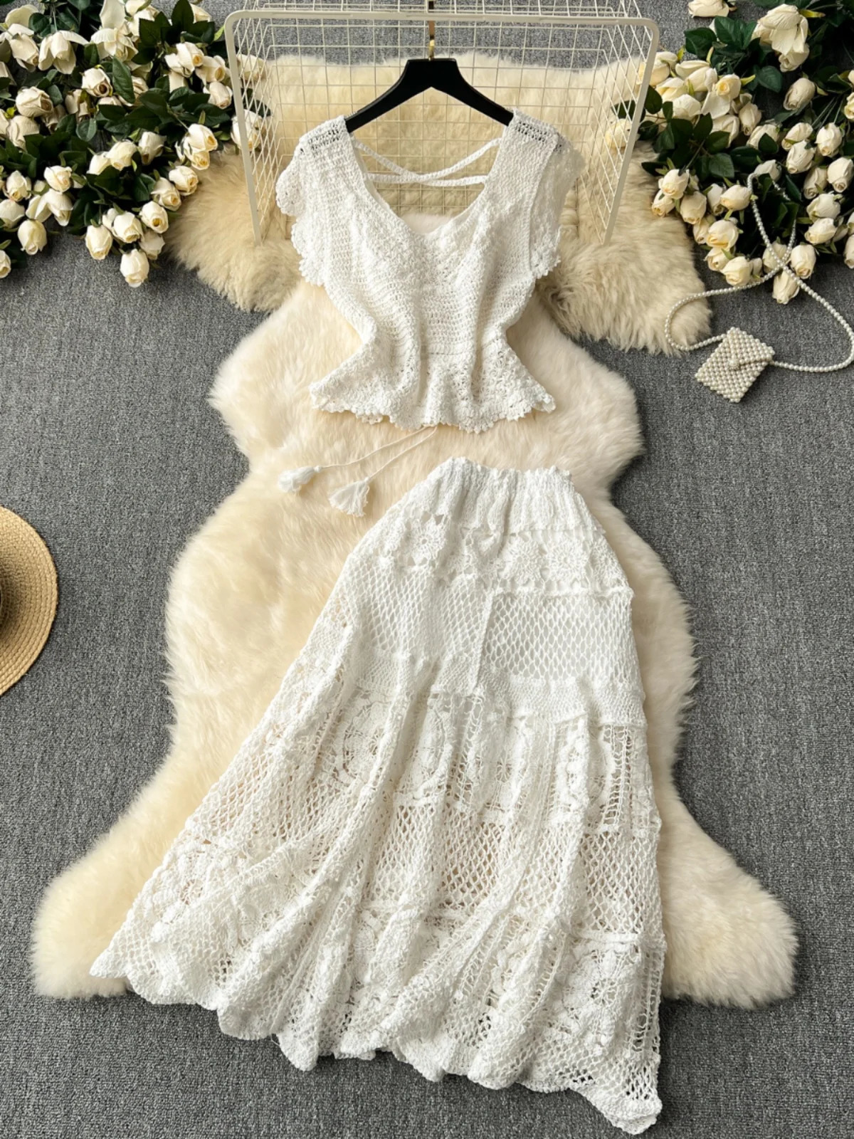 Boho Holiday Women Skirts Set Crochet Hollow Out Uneck Backless Tops Aline Long Skirt Two Piece Sets Womens Outifits Dropship 240727