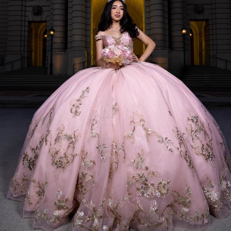 Pink Quinceanera Ball Gown Off The Shoulder Sequined Gold Appliques Beads Birthday Dress Lace Up quinceanera de 15 anos