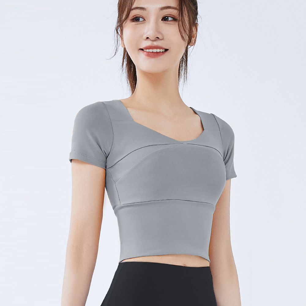 GFBB Short Sleeved Tops with Chest Pad T Shirt Sports Bra Running Slim Fit Clothes Yoga Wear