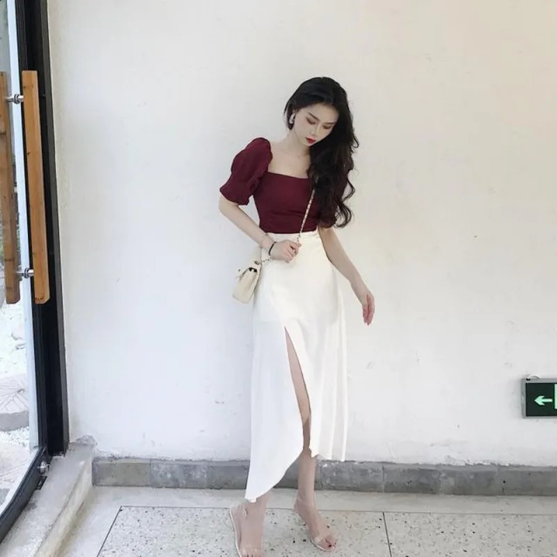 Womens Two Piece Set Skirt Slit Party White Female Outfits Clothing Arrivals Full Summer Fashion Matching Sets Korea 240727