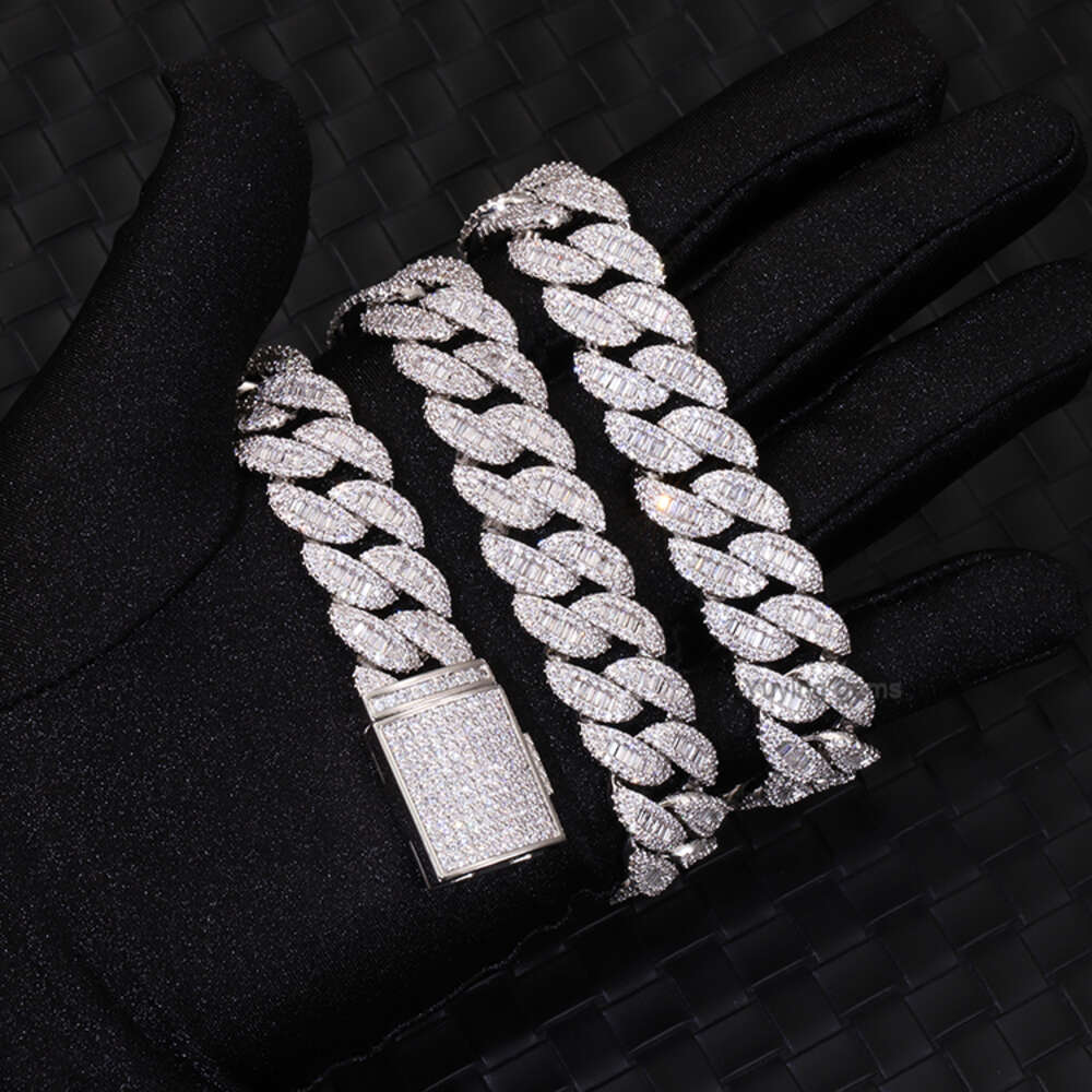 Custom 20mm Wide Baguette with Round Moissanite Pass Diamond Tester 925 Silver Cuban Link Chain