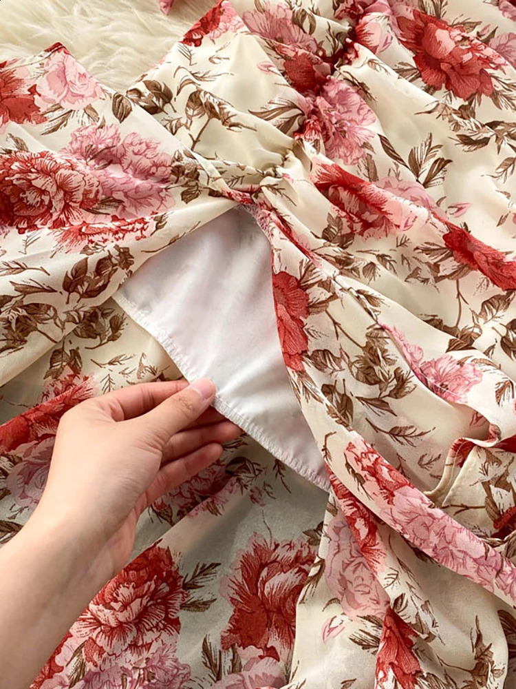 Holiday Style Floral Print Laceup Shirts And Pleated Fish Tail Long Skirt Set Bohemian Chiffon Two Piece For Women Outfits 240727