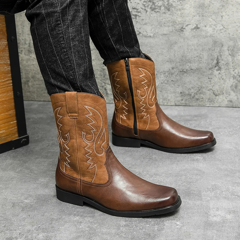 Handmade Men Cowboy Boot High Quality Embroidery Western Leather Flat Boots Mid-calf Male Boots Outdoor Zipper Riding Boots 240724