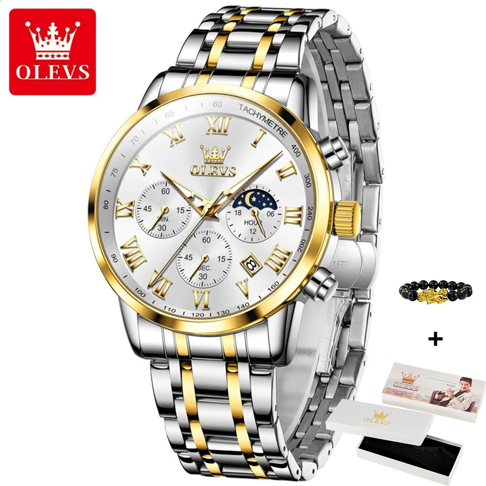 OLEVS 5529 Moonswatch Chronograph Quartz Watch For Men Stainless Steel Waterproof Man Wrist Watches Roman Scale Hand Clock 240717
