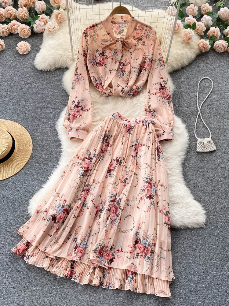 Women Summer Bohemian Floral Print Skirt Set Long Sleeve Short Tops High Waist Pleated Midi Female Two Piece Suits 240727