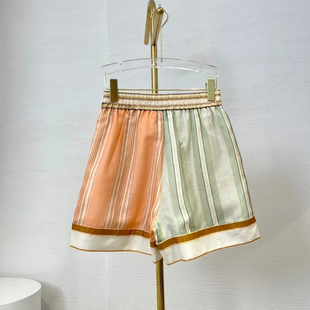 Womens Two Peice Sets Orange Green Patchwork Striped Buttons Long Sleeve Blouse and Shorts 240727