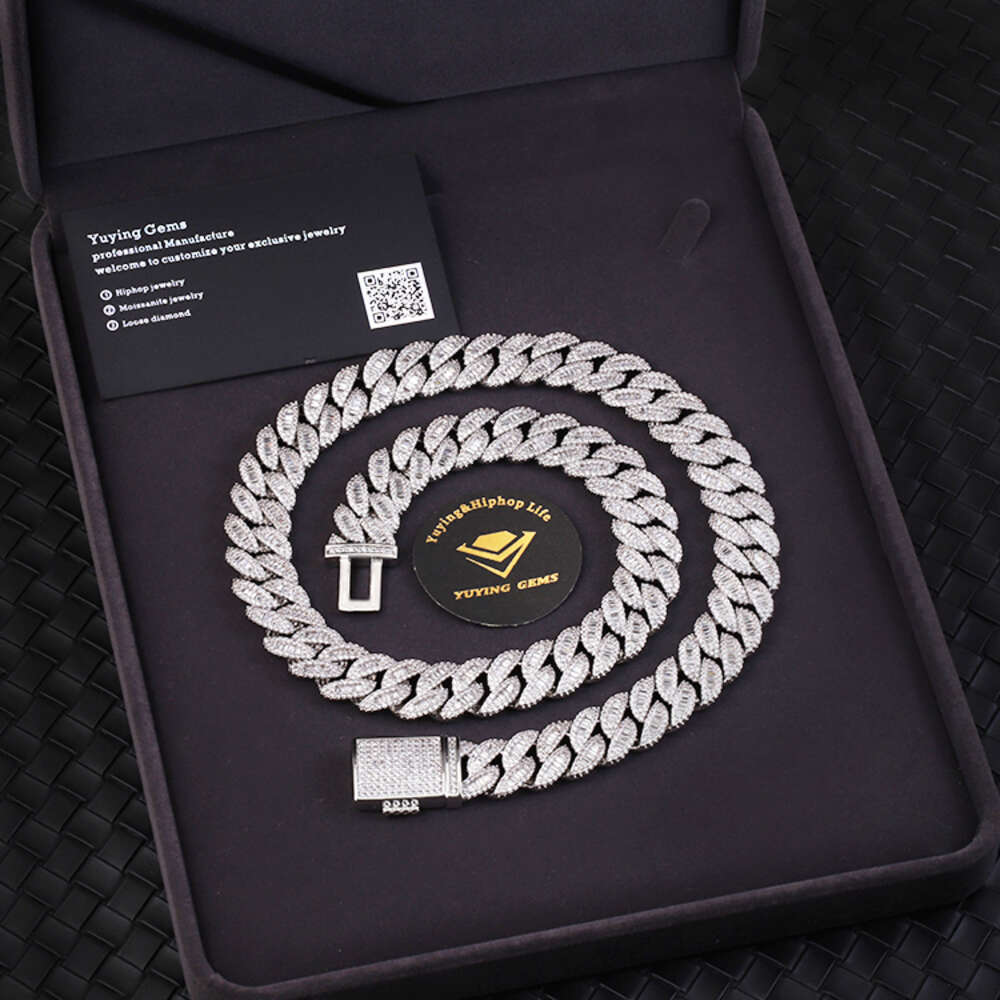 Custom 20mm Wide Baguette with Round Moissanite Pass Diamond Tester 925 Silver Cuban Link Chain