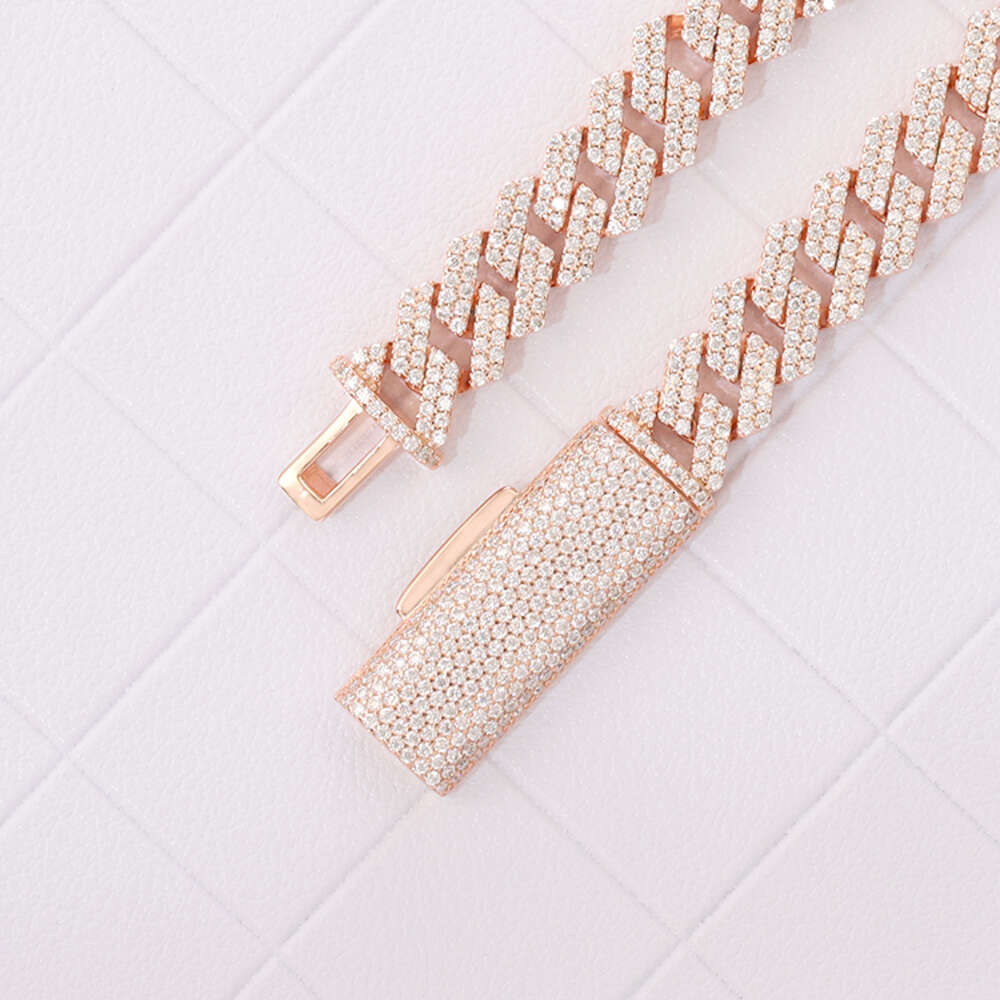 Pink Cuban Chain Pure Silver Plated 18k Gold 8mm Wide Handmade Insert 2 Rows Vvs Moissanite Cuban Link Chain