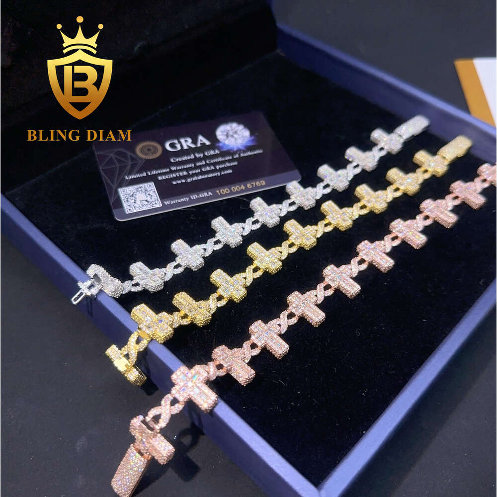 New Custom Hiphop Bracelet Sterling 925 Silver Cross Design Baguette Moissanite Diamond Ice Out Cuban Link Chain Bracelet