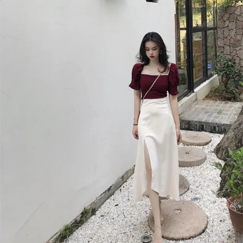 Womens Two Piece Set Skirt Slit Party White Female Outfits Clothing Arrivals Full Summer Fashion Matching Sets Korea 240727