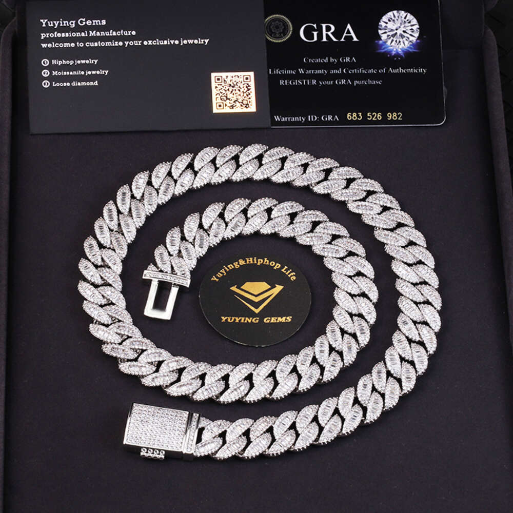 Custom 20mm Wide Baguette with Round Moissanite Pass Diamond Tester 925 Silver Cuban Link Chain
