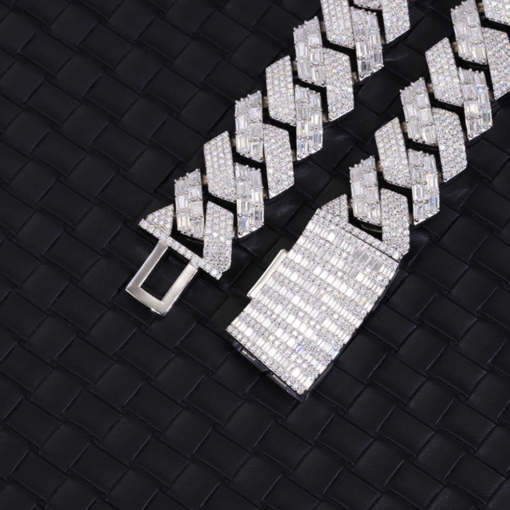 Classic 22mm Wide Baguette Dia Bracelet S Sier Moissanite Jewelry Cuban Chain Hip Hop Necklace