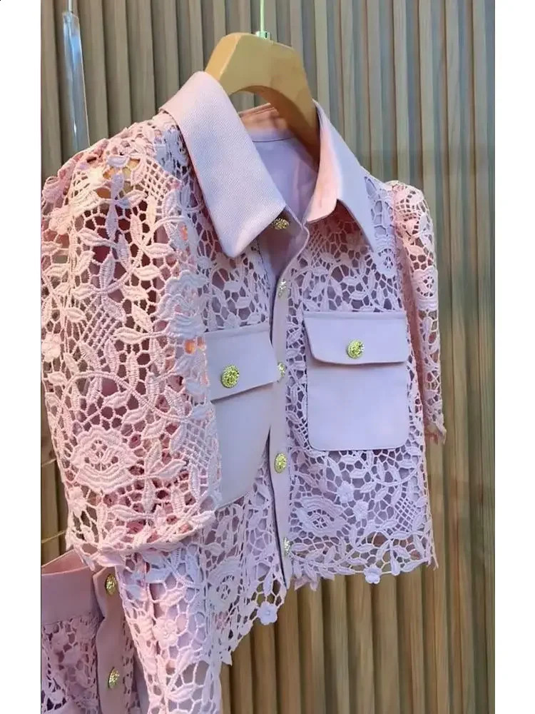 Temperament Office Lady Work Blouse Hollowed Out Shirt Short Sleeve Shirts Pink Pencil Skirts 2 Piece Sets Womens Outfits A Line 240727