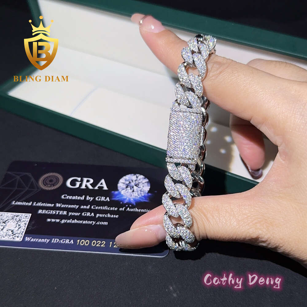 Hip Hop Bracelet 12mm Ice Out S925 Silver Vvs Moissanite Diamond Cuban Link Chain Necklace Bracelet