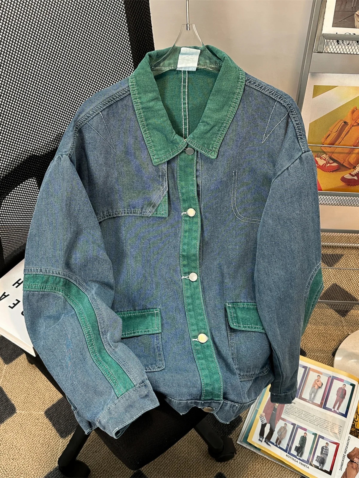 Retro Casual Denim Jacket Mens Spring Autumn Japanese Loose Cardigan Patchwork Unisex Varsity Cowboy Coat Streetwear 240802