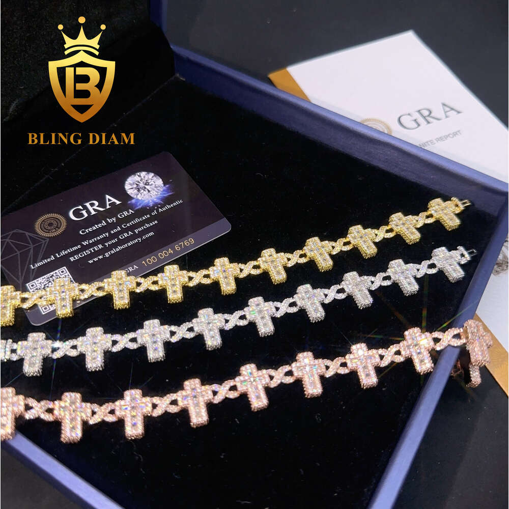 New Custom Hiphop Bracelet Sterling 925 Silver Cross Design Baguette Moissanite Diamond Ice Out Cuban Link Chain Bracelet