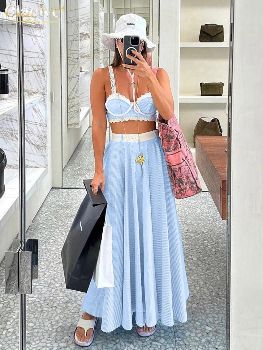 Clacive Sexy Loose Blue Stripe Skirt Sets For Women 2 Pieces Summer Sleeve Crop Top With High Waist Long Skirts Set Female 240727