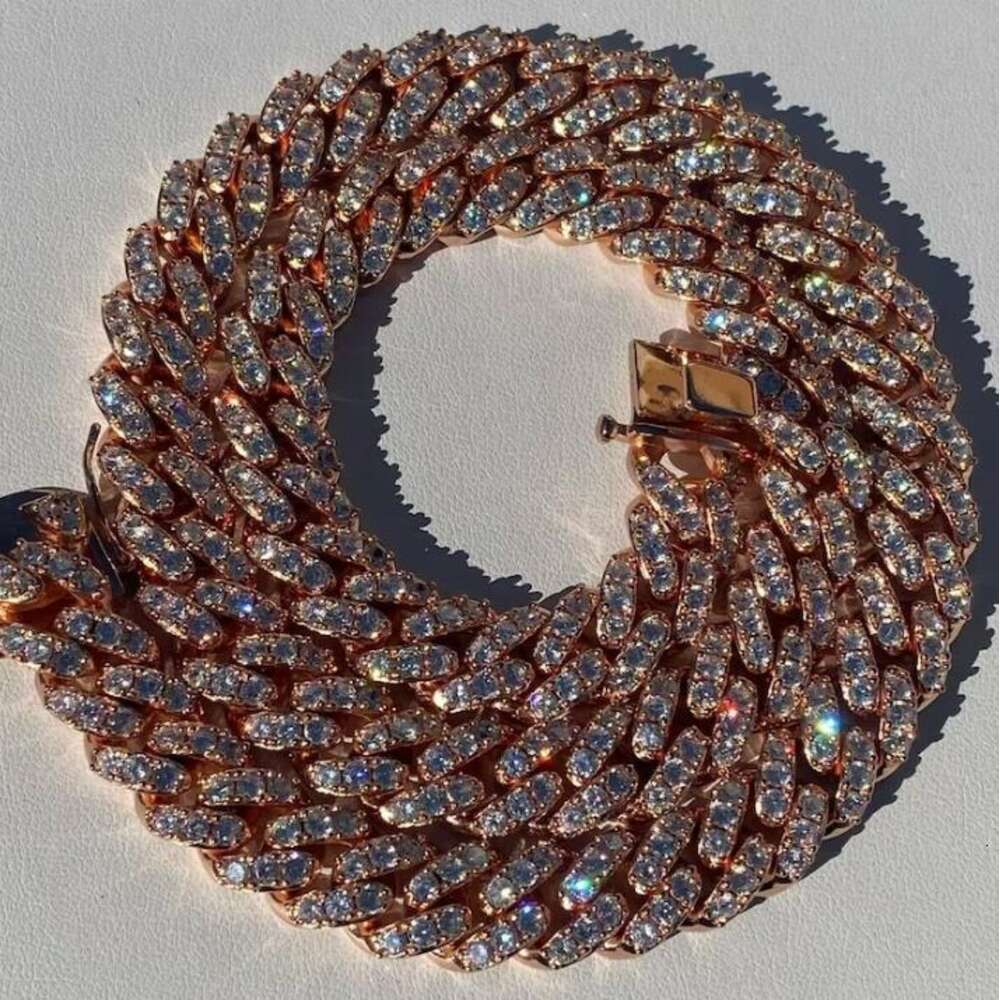14k Rose Gold Cuban Necklace Chain Hip Hop Jewelry Pass Diamond Test 12mm Moissanite Diamond Cuban Necklace
