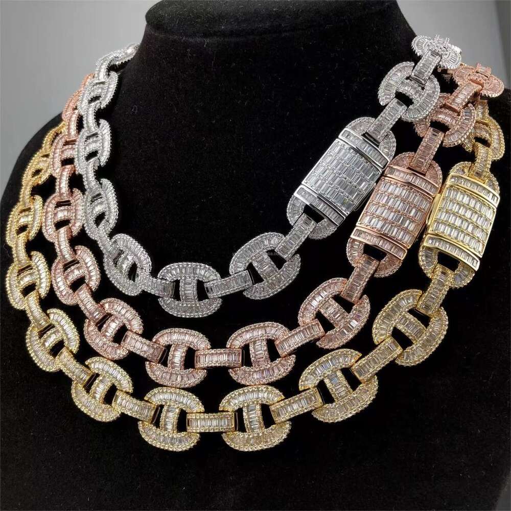 Hip Hop Rapper Cuban Chain 22mm Two Tone Baguette Moissanites Ice Out Men Cuban Chain Link Necklace