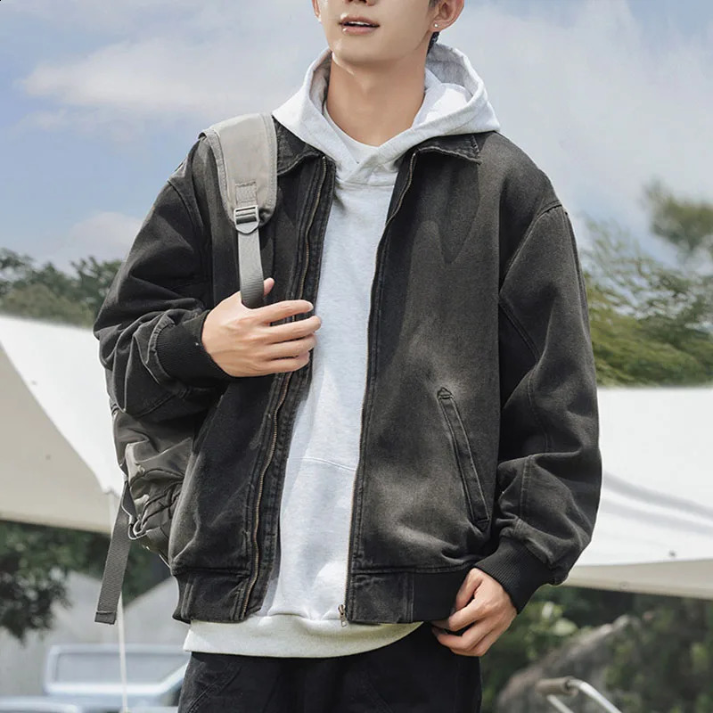 Mens denim jacket spring and autumn shoulders oversized exterior wash mens zipper lapel jeans vintage streetwear 240824