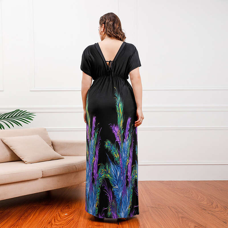 Bohemian Hot Selling Fat Mm Extended Plus Size Ice Silk Holiday Beach Mid Length Dress Sexy Dress Floral Dress Sexy Waist Temperament High Waist Dress