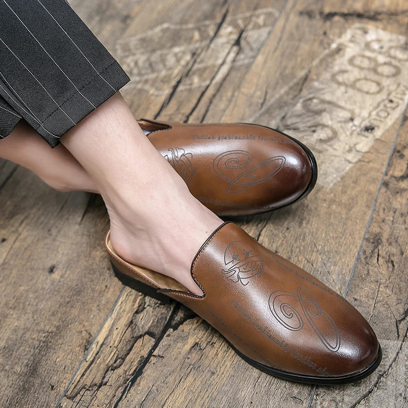 Business Half Slippers Mens Office Summer Trend Personalized Carved Dress Genuine Leather Breathable Toe Cap Shoes Zapatos 240718