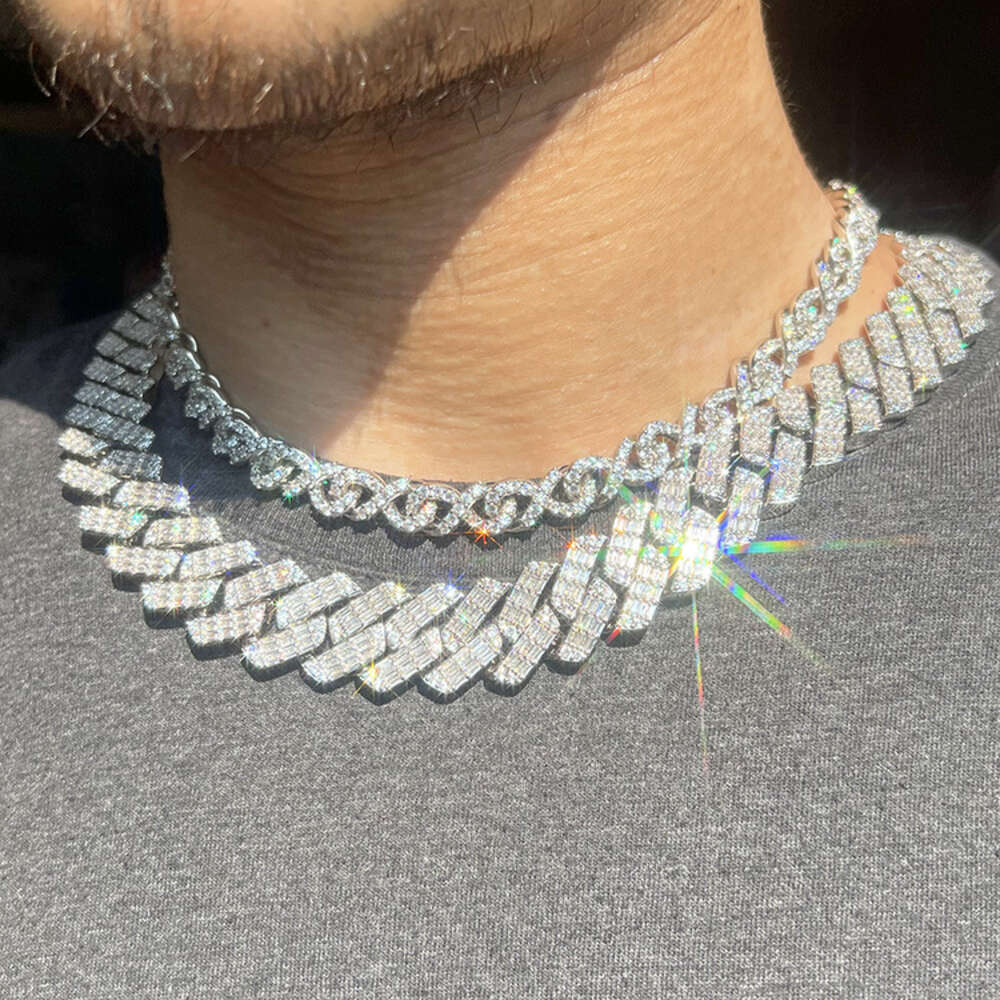 Rapper Fashion Design 20mm Wide Cuban Link Chain S925 Silver Baguette Vvs Moissanite with Gra Certificate Gold Plated Necklace