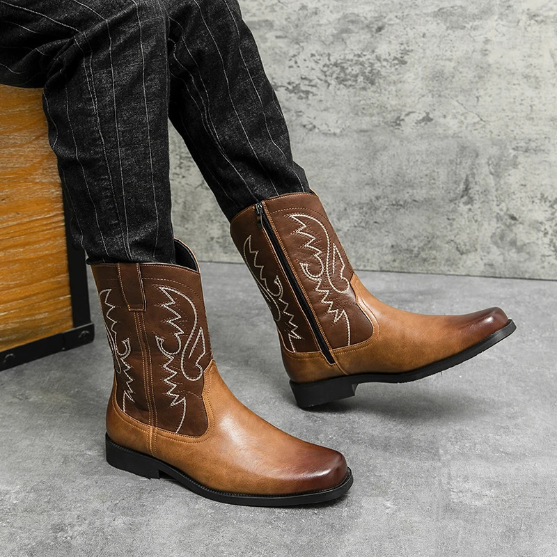 Handmade Men Cowboy Boot High Quality Embroidery Western Leather Flat Boots Mid-calf Male Boots Outdoor Zipper Riding Boots 240724