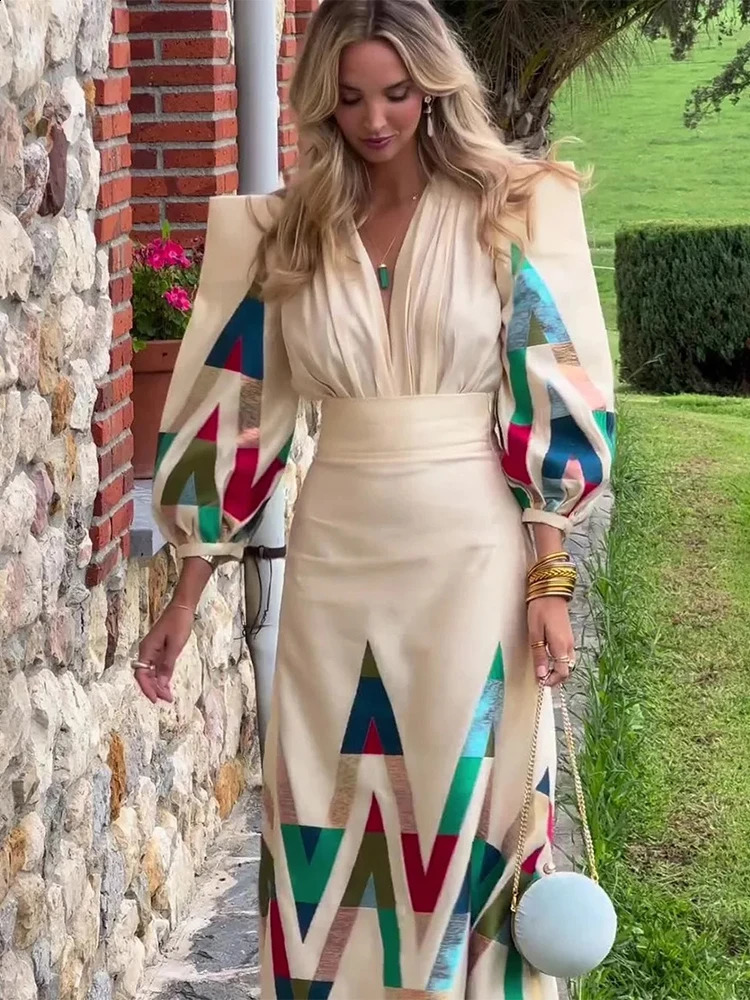 Elegant Print Women 2 Piece Set Lantern Sleeve Pleated Crop Top High Waist Aline Skirt Suit Spring England Style Lady Sets 240727