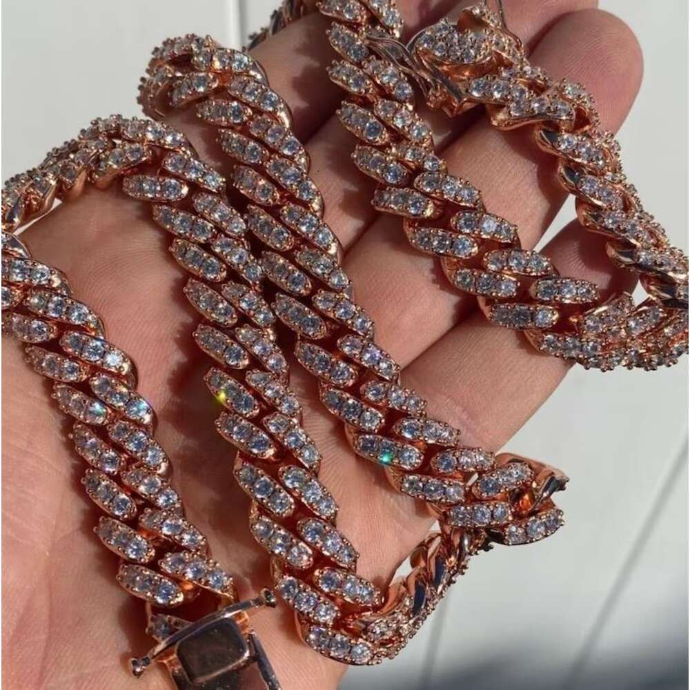 14k Rose Gold Cuban Necklace Chain Hip Hop Jewelry Pass Diamond Test 12mm Moissanite Diamond Cuban Necklace