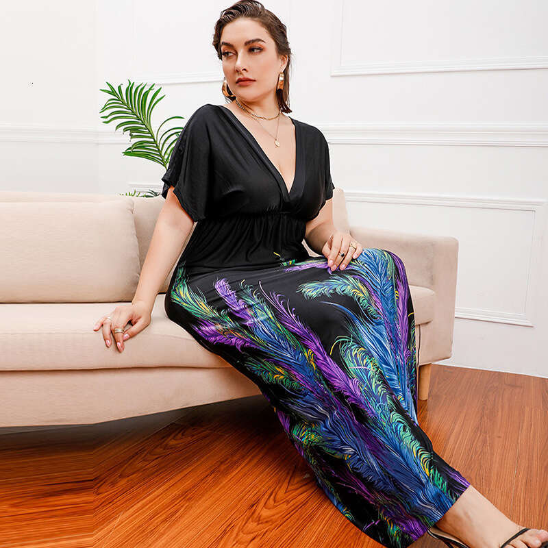 Bohemian Hot Selling Fat Mm Extended Plus Size Ice Silk Holiday Beach Mid Length Dress Sexy Dress Floral Dress Sexy Waist Temperament High Waist Dress
