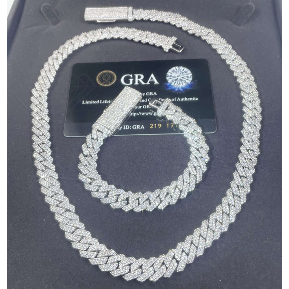 Cuban Link Chain 2 Rows 10mm Wide Vvs d Color Moissanite Sterling Silver 925 Cuban Bracelet and Necklace for Hip Hop Style