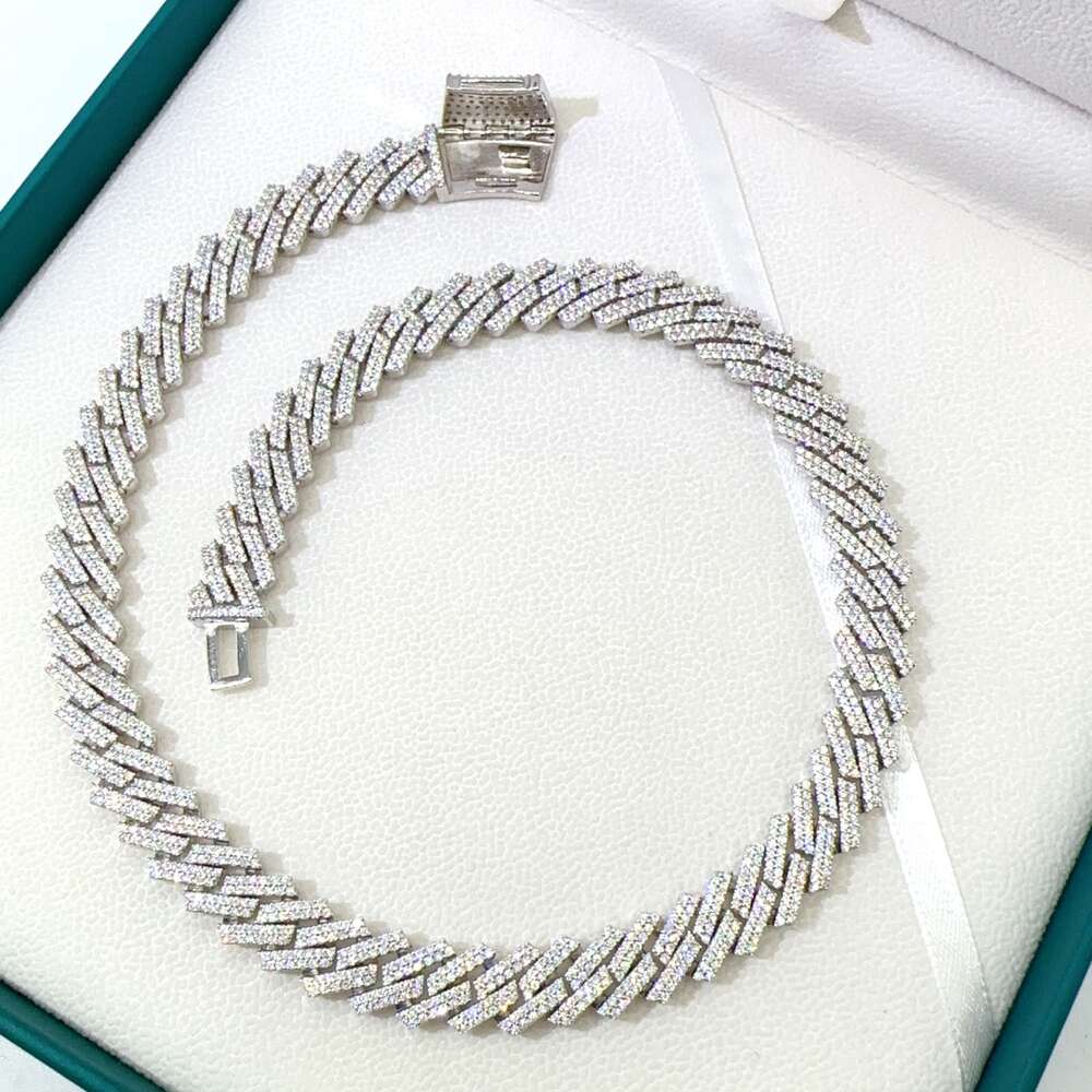 12mm Cuban Silver Chain Plated Necklace for Men Moissanite Prong Link 925 Diamond Bracelet