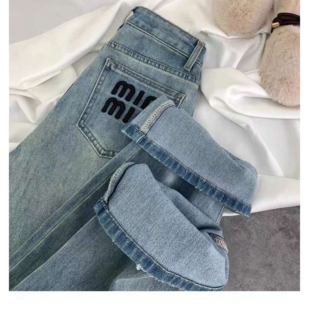 Spring 2024 new high waisted slimming loose light colored straight leg pants embroidered letters narrow version jeans for women