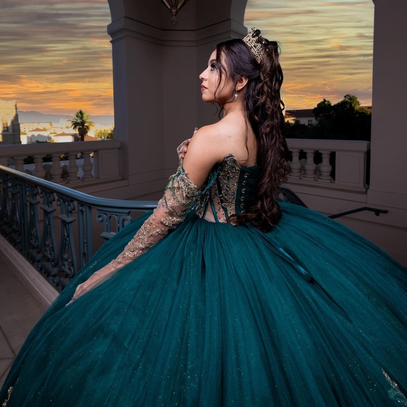 Blackish Green Sequined Appliques Cinnamon Quinceanera Ball Gown Off The Shoulder Birthday Dress Lace Up quinceanera de 15 anos