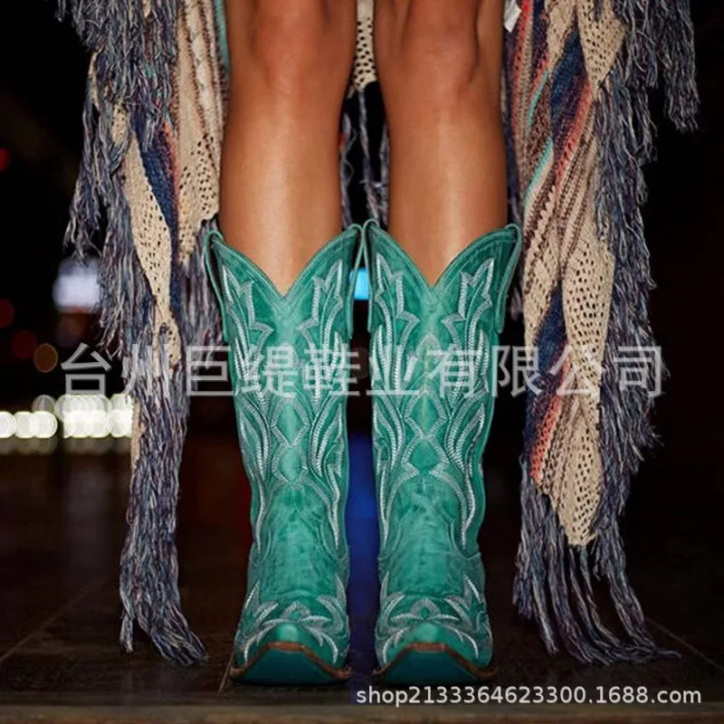 Vintage Boots Womens Embroidered Heeled Red Knee hot High Cowboy Boots, Western Style Mid-Calf Autumn Casual Shoes