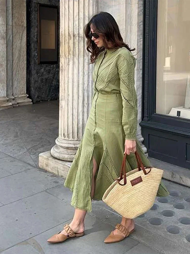 Hollow Out Shirts Skirts Set Women Elegant Single Breasted Ruffles Split Long Skirt Full Sleeve Shirt Suit Female Casual Outfits 240727