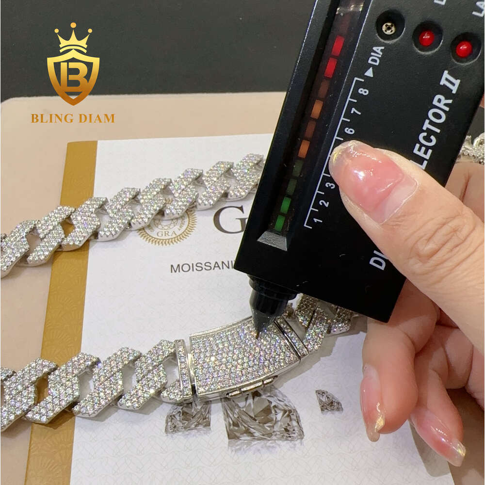 Iced Out Necklace 3 Row 20mm Hip Hop Fine Jewelry Vvs Moissanite Sterg Sier Cuban k Chain